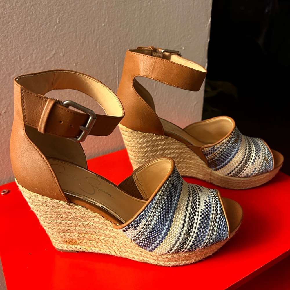 Jessica Simpson Tan and Blue Wedge Sandals